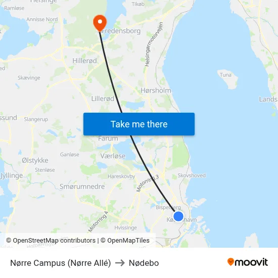 Nørre Campus (Nørre Allé) to Nødebo map