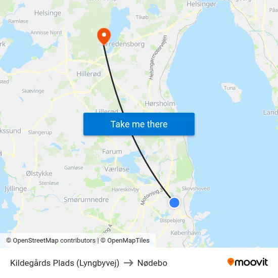 Kildegårds Plads (Lyngbyvej) to Nødebo map