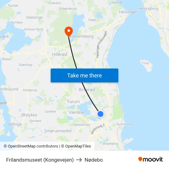 Frilandsmuseet (Kongevejen) to Nødebo map