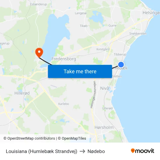 Louisiana (Humlebæk Strandvej) to Nødebo map