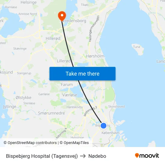 Bispebjerg Hospital (Tagensvej) to Nødebo map