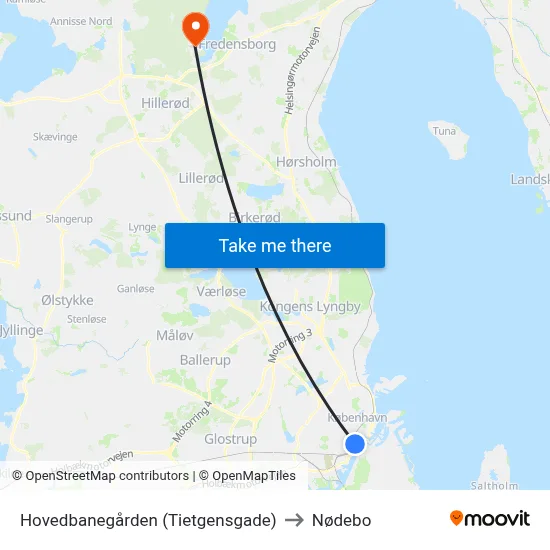 Hovedbanegården (Tietgensgade) to Nødebo map