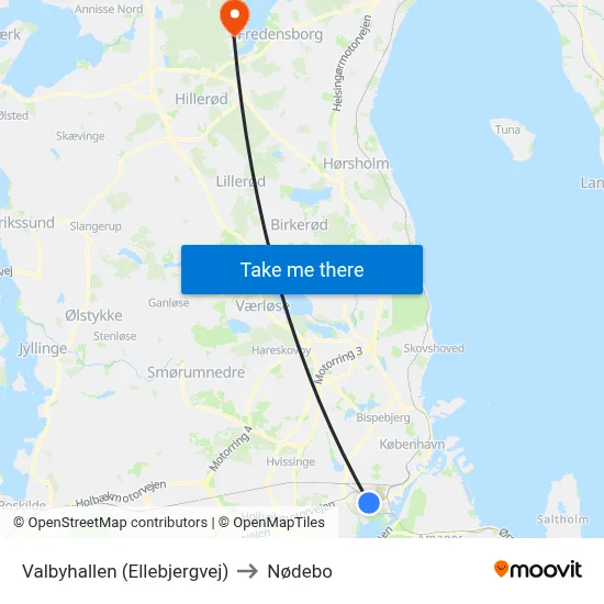 Valbyhallen (Ellebjergvej) to Nødebo map