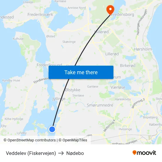 Veddelev (Fiskervejen) to Nødebo map