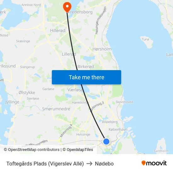 Toftegårds Plads (Vigerslev Allé) to Nødebo map