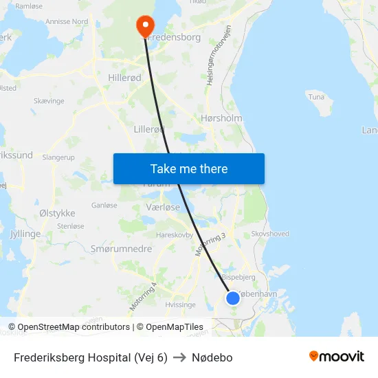 Frederiksberg Hospital (Vej 6) to Nødebo map
