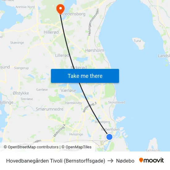Hovedbanegården Tivoli (Bernstorffsgade) to Nødebo map