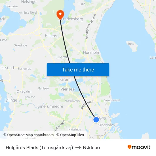 Hulgårds Plads (Tomsgårdsvej) to Nødebo map