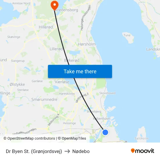 Dr Byen St. (Grønjordsvej) to Nødebo map