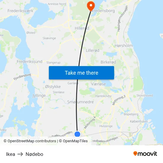 Ikea to Nødebo map
