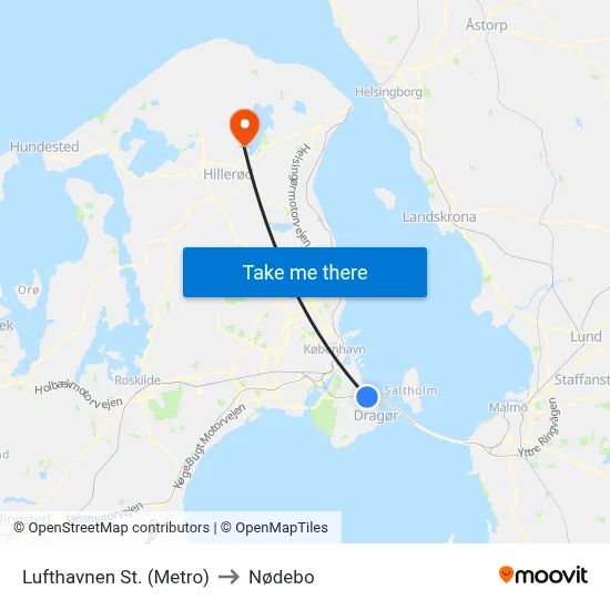 Lufthavnen St. (Metro) to Nødebo map