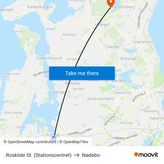 Roskilde St. (Stationscentret) to Nødebo map