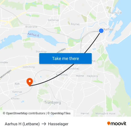 Aarhus H (Letbane) to Hasselager map