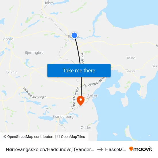 Nørrevangsskolen/Hadsundvej (Randers Kom) to Hasselager map