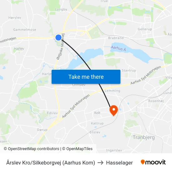 Årslev Kro/Silkeborgvej (Aarhus Kom) to Hasselager map