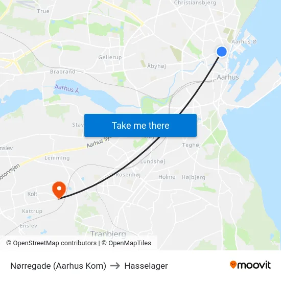 Nørregade (Aarhus Kom) to Hasselager map
