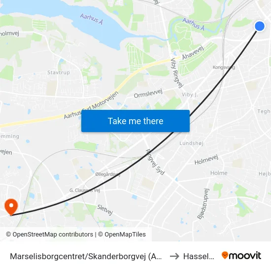 Marselisborgcentret/Skanderborgvej (Aarhus Kom) to Hasselager map