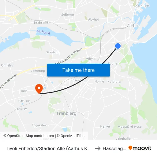 Tivoli Friheden/Stadion Allé (Aarhus Kom) to Hasselager map