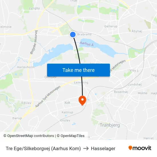 Tre Ege/Silkeborgvej (Aarhus Kom) to Hasselager map