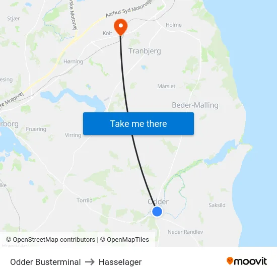 Odder Busterminal to Hasselager map