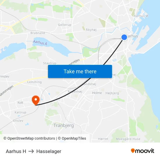 Aarhus H to Hasselager map