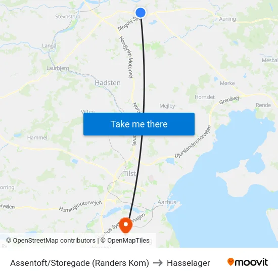 Assentoft/Storegade (Randers Kom) to Hasselager map