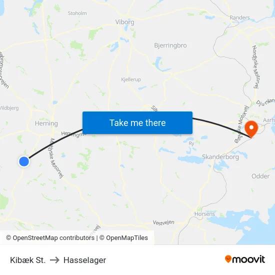 Kibæk St. to Hasselager map