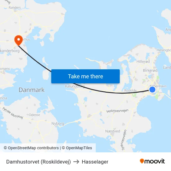 Damhustorvet (Roskildevej) to Hasselager map