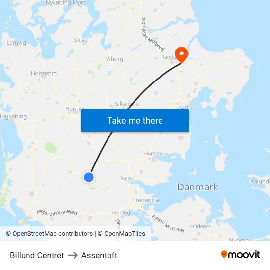 Billund Centret to Assentoft map