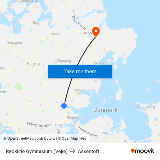 Rødkilde Gymnasium (Vejle) to Assentoft map