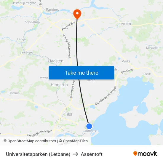 Universitetsparken (Letbane) to Assentoft map