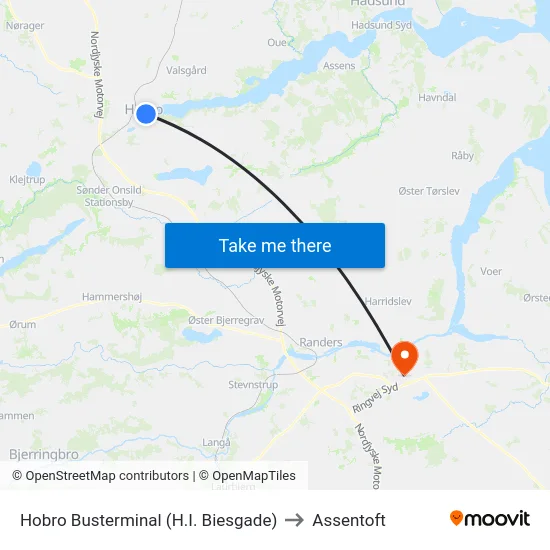 Hobro Busterminal (H.I. Biesgade) to Assentoft map