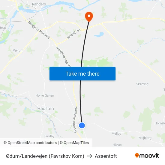 Ødum/Landevejen (Favrskov Kom) to Assentoft map