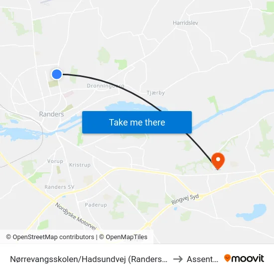 Nørrevangsskolen/Hadsundvej (Randers Kom) to Assentoft map