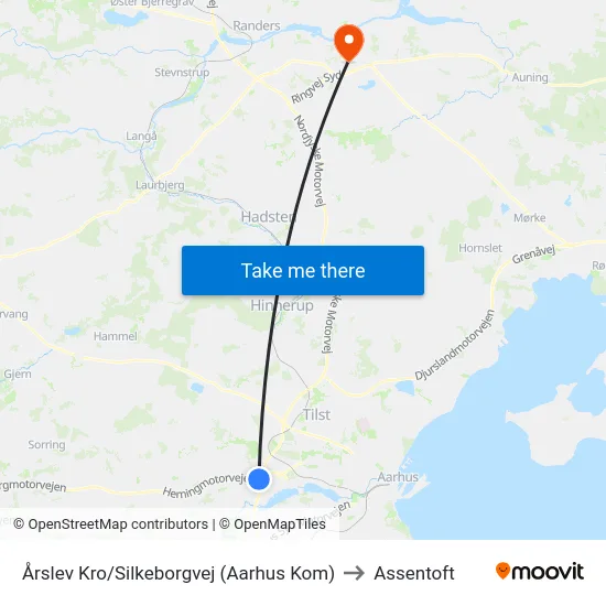 Årslev Kro/Silkeborgvej (Aarhus Kom) to Assentoft map