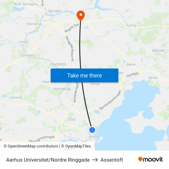 Aarhus Universitet/Nordre Ringgade to Assentoft map