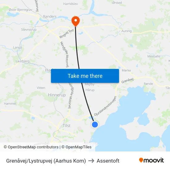 Grenåvej/Lystrupvej (Aarhus Kom) to Assentoft map