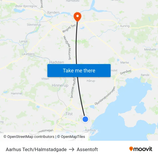 Aarhus Tech/Halmstadgade to Assentoft map