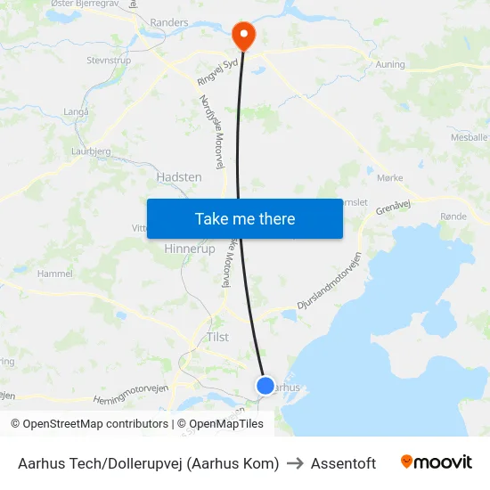 Aarhus Tech/Dollerupvej (Aarhus Kom) to Assentoft map