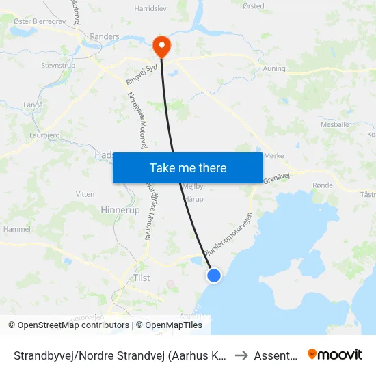 Strandbyvej/Nordre Strandvej (Aarhus Kom) to Assentoft map