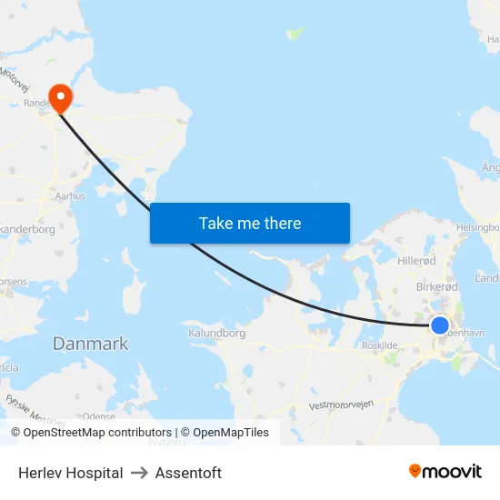 Herlev Hospital to Assentoft map
