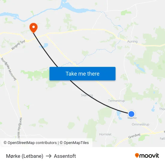 Mørke (Letbane) to Assentoft map