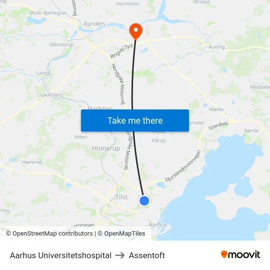 Aarhus Universitetshospital to Assentoft map
