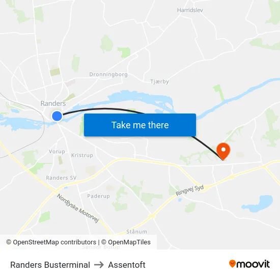 Randers Busterminal to Assentoft map
