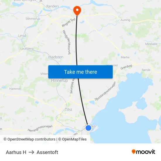 Aarhus H to Assentoft map