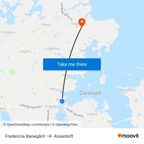 Fredericia Banegård to Assentoft map