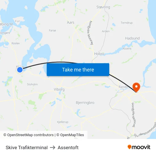 Skive Trafikterminal to Assentoft map