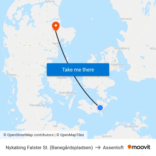 Nykøbing Falster St. (Banegårdspladsen) to Assentoft map