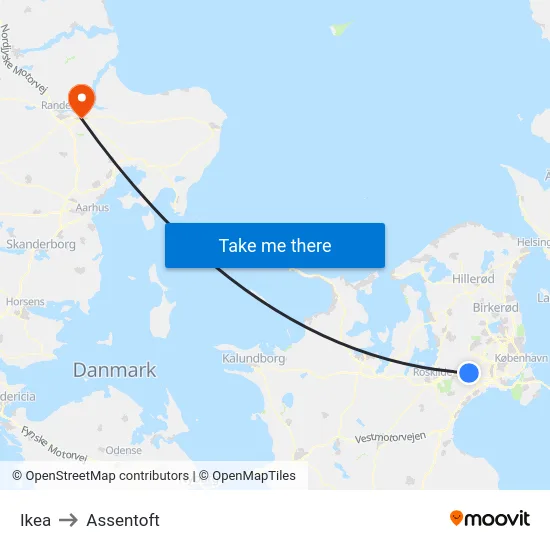 Ikea to Assentoft map