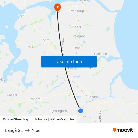 Langå St. to Nibe map
